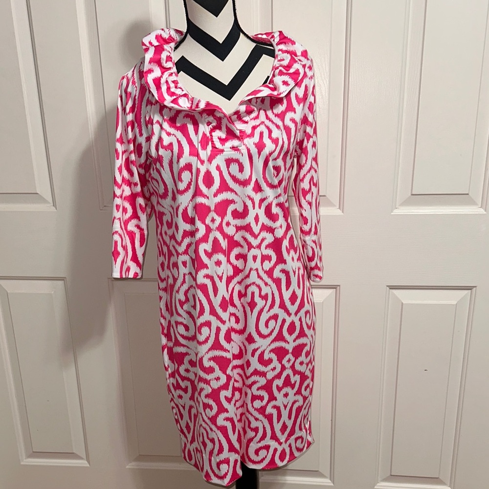 Gretchen Scott Designs Pink and White Long Sleeve Ruffle Collar Dress